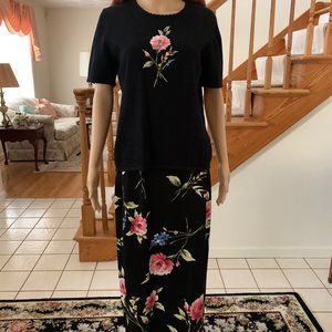 Black Floral Pencil Skirt and Sweater Set